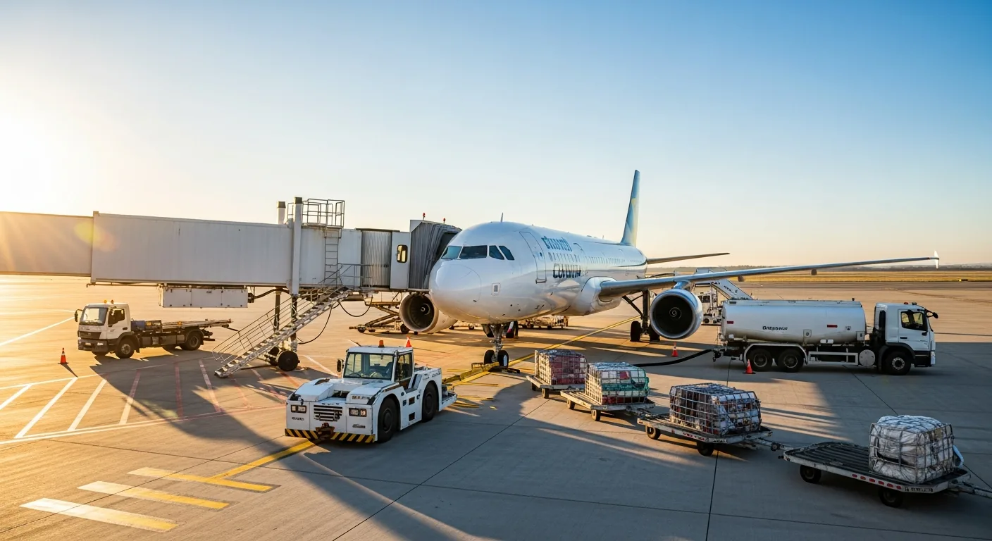 A commercial airplane at the boarding bridge on the tarmac at Bordeaux-Mérignac Airport