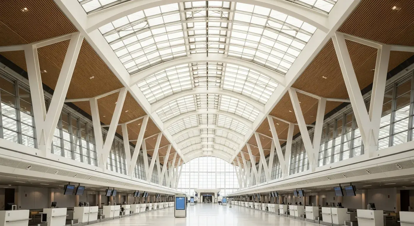 The modern departure hall at Bordeaux-Mérignac Airport, featuring information screens and contemporary architecture