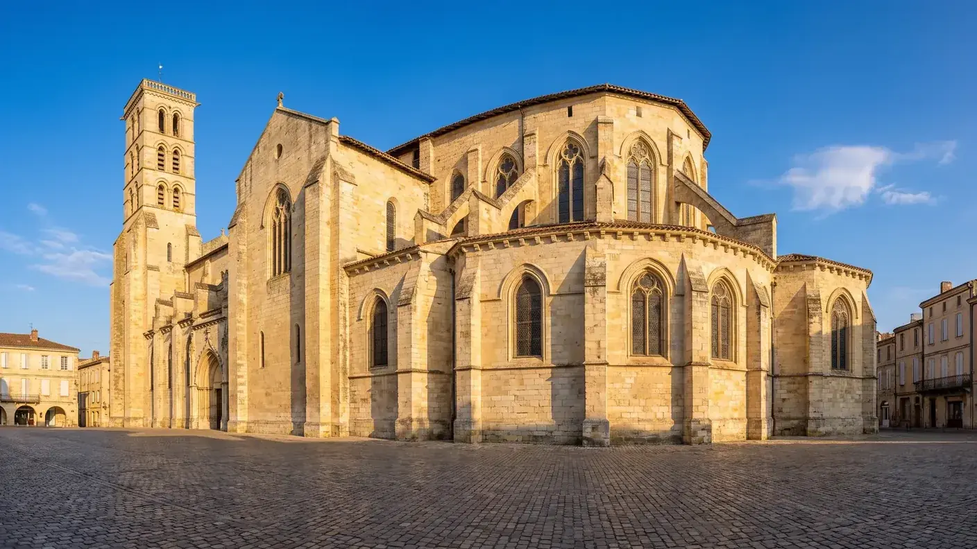 La catedral de San Caprais de Agen, un edificio de piedra clara con ábside románico y campanario