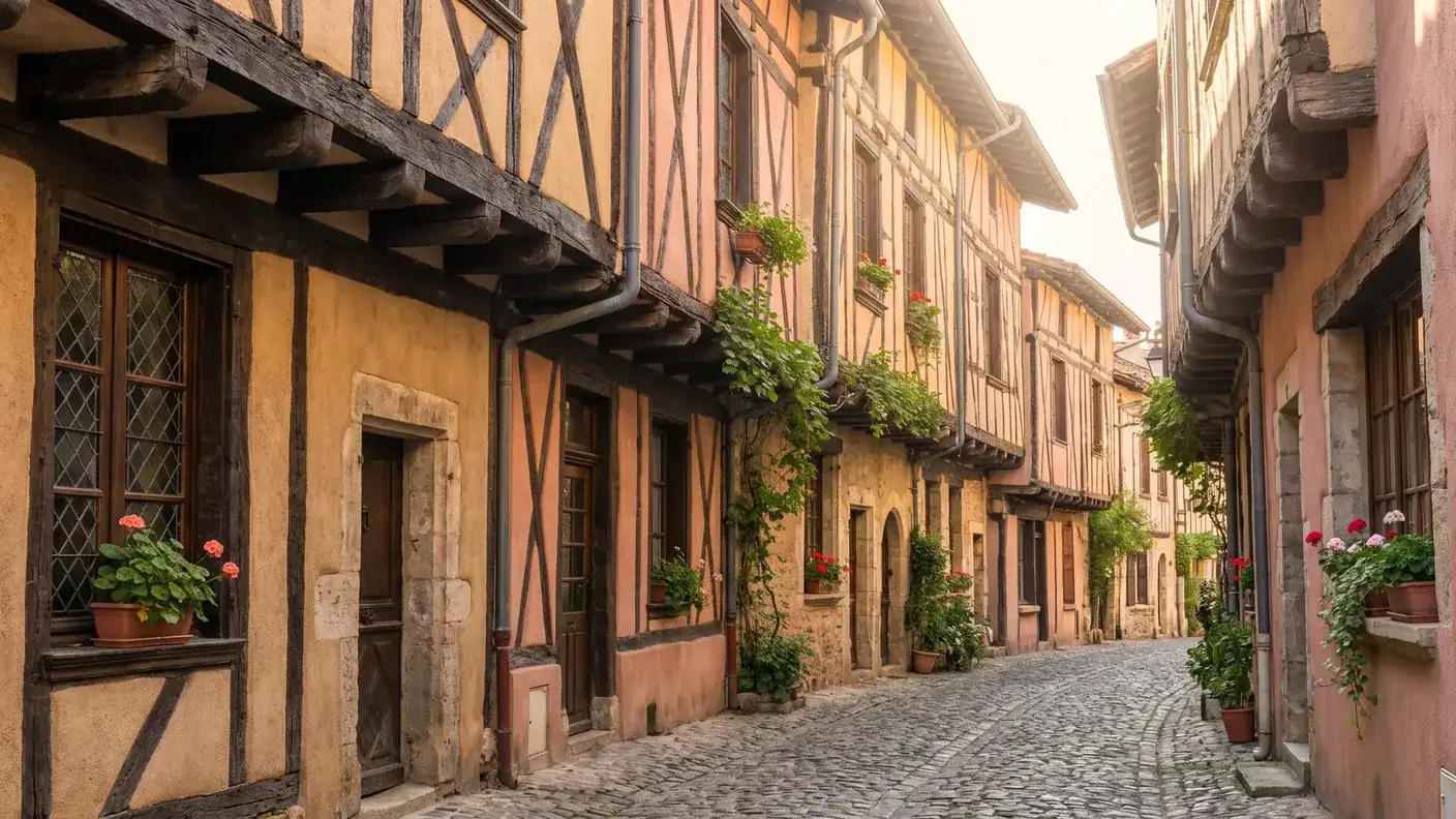 La calle Beauville de Agen, una callejuela medieval con casas de entramado de madera y voladizos