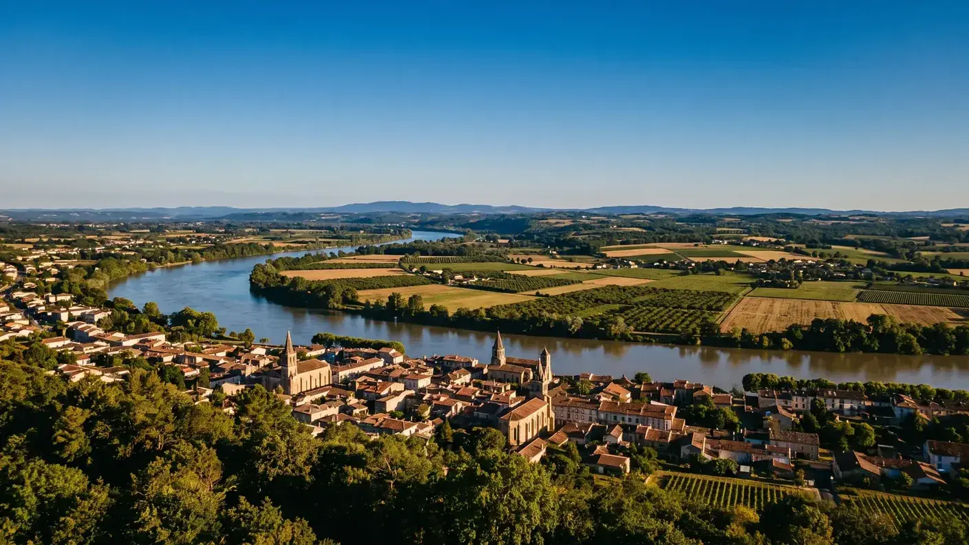 Vista panorámica de Agen y el valle del Garona desde las laderas boscosas de L'Ermitage