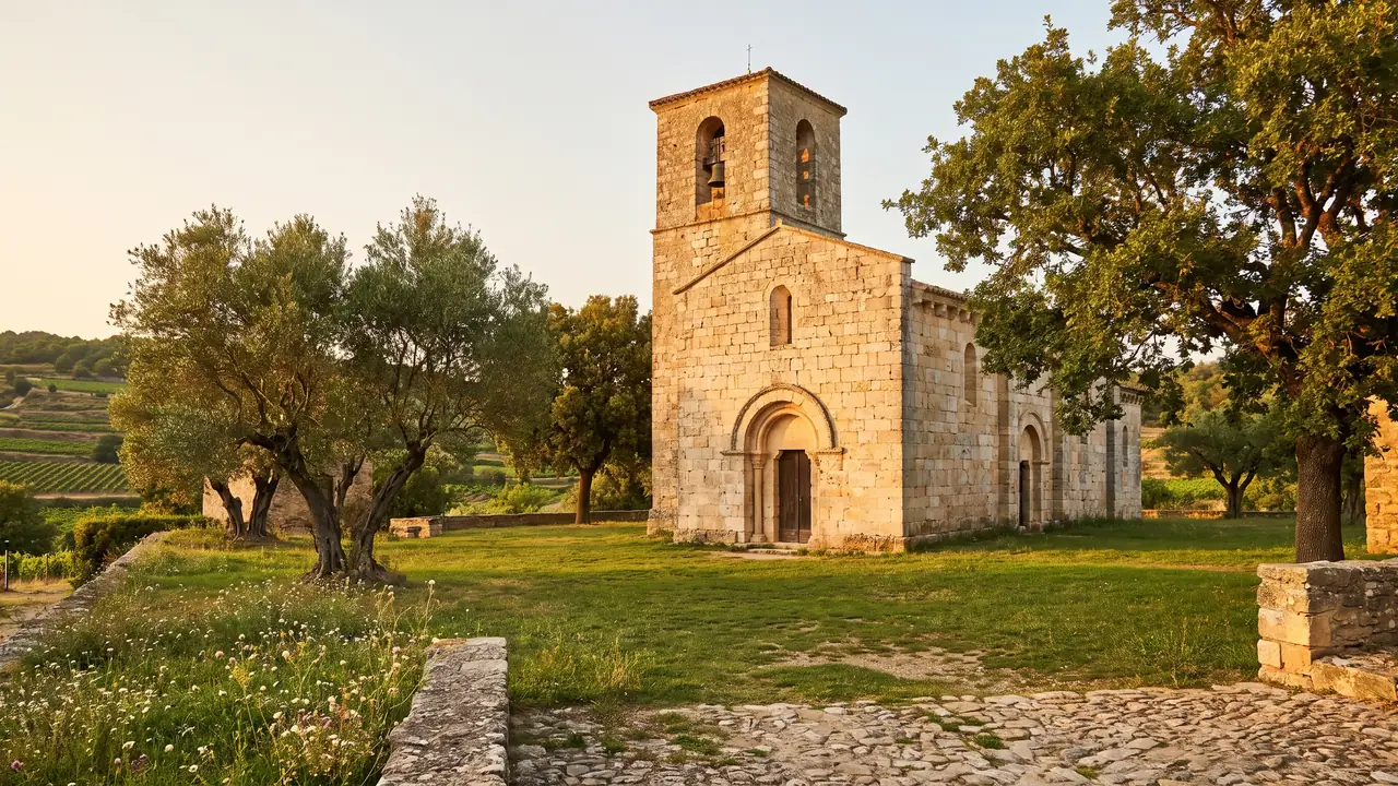 Iglesia románica de Saint-Éloi de Andernos, construida en piedra clara, con campanario cuadrado y portal de arco de medio punto entre los árboles