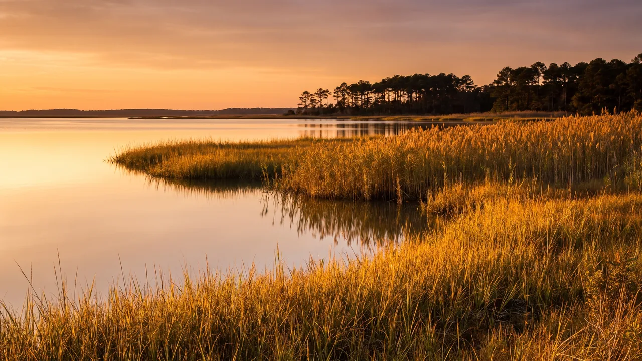 Cañaverales dorados a orillas de la bahía de Arcachon, en Andernos; juncos y aguas tranquilas que brillan bajo la puesta de sol
