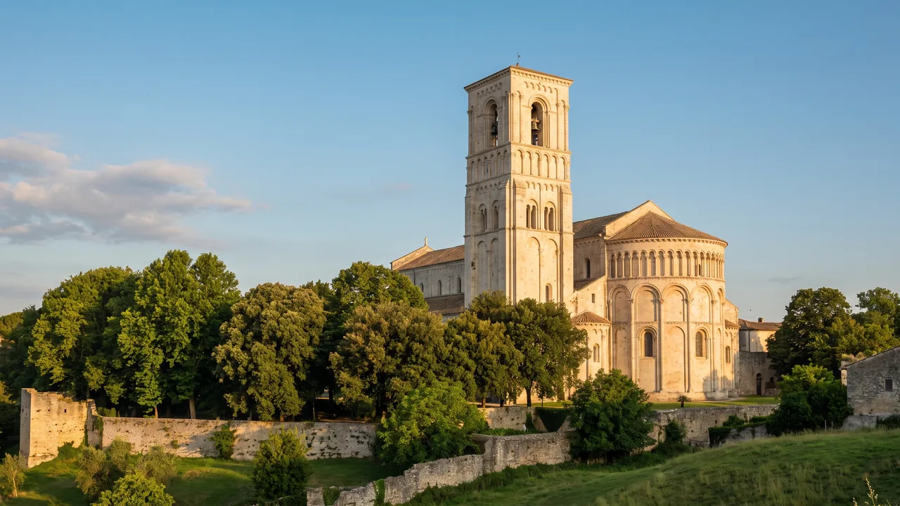 La alta torre de piedra y el ábside románico de la catedral de San Pedro de Angulema bajo un cielo despejado