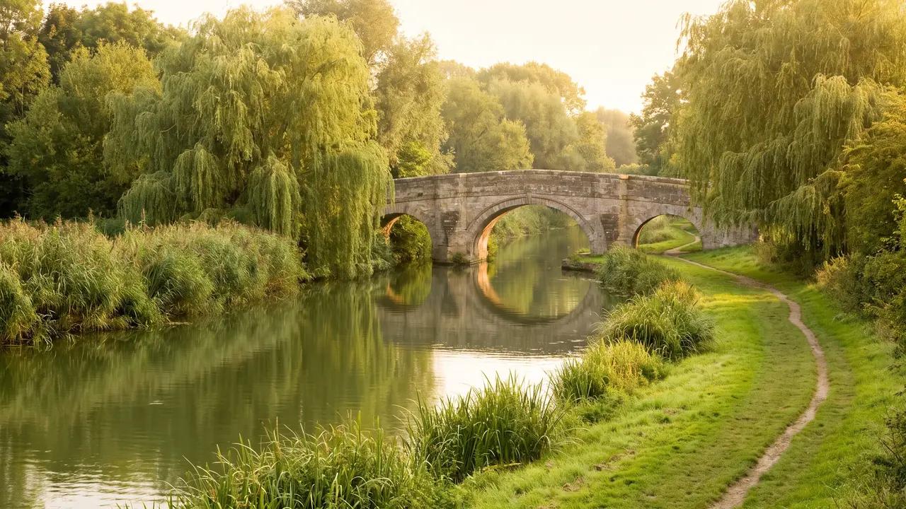 El río Charente, a las afueras de Angulema, con sus orillas verdes y su antiguo puente de piedra en arco reflejado en sus aguas tranquilas