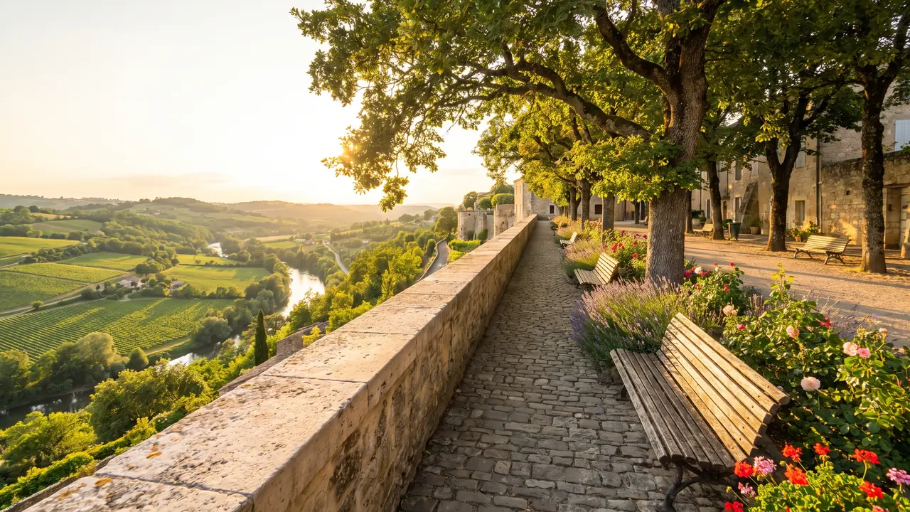 Paseo por las murallas de Angulema, bordeado de árboles y jardines, con un parapeto de piedra que domina el verde valle