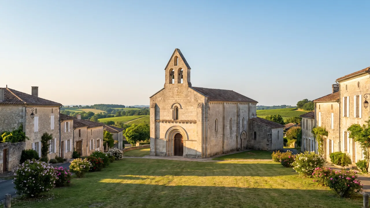 Iglesia románica de la Saintonge, construida en piedra clara, con un pórtico de arco de medio punto enmarcado por capiteles esculpidos, situada en una plaza con césped