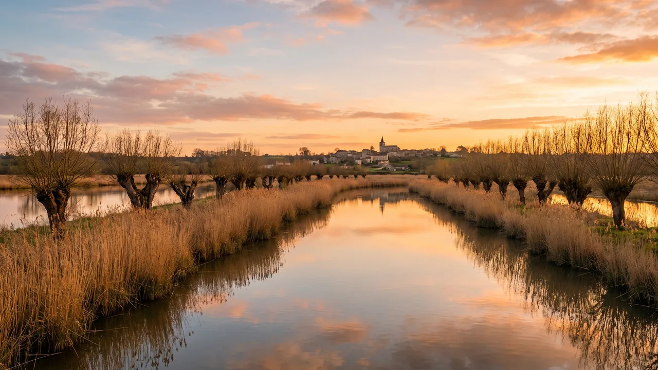 Marismas llanas del valle del Charente, cerca de Annepont, con canales en los que se refleja un amplio cielo, cañaverales y sauces podados