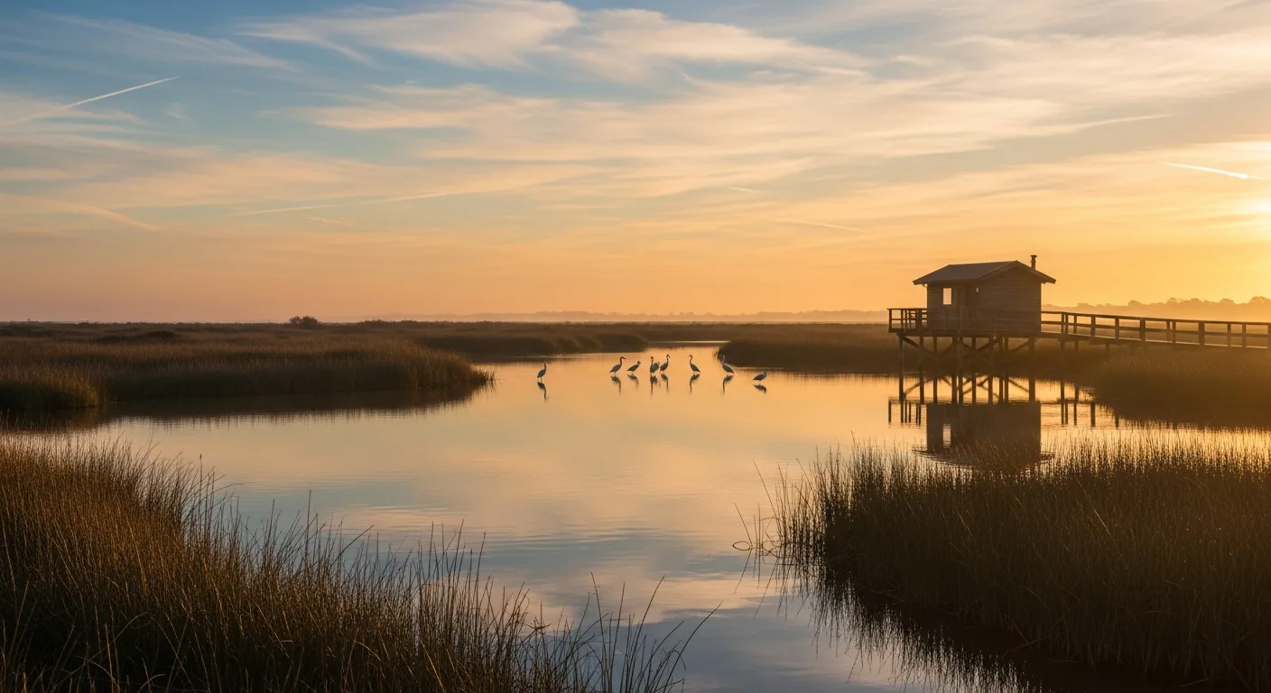 Reserva ornitológica de Teich, con flamencos rosados y garzas en las marismas de la cuenca de Arcachon