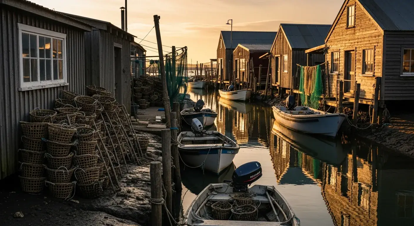 Puerto ostrícola de Gujan-Mestras, en la bahía de Arcachon, con cabañas tradicionales y barcos de pesca