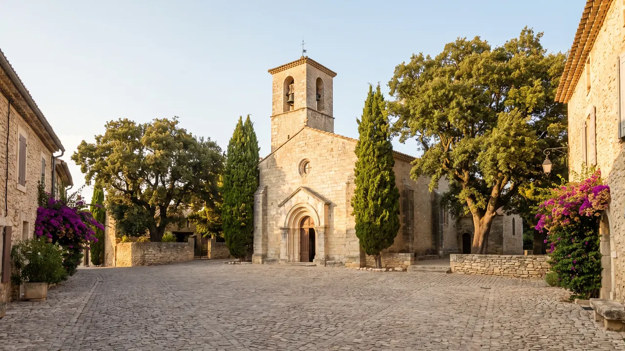 Iglesia neorrománica de San Vicente de Paúl de Arès, construida en piedra clara, con campanario y portal de arco de medio punto entre los árboles