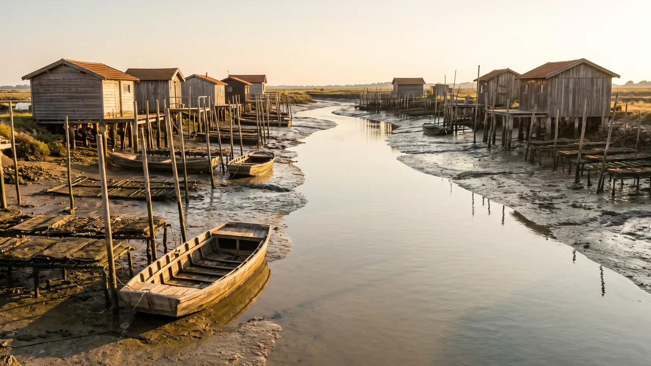 Puerto ostrícola de Arès con marea baja, hilera de cabañas de madera sin tratar sobre pilotes a lo largo de un canal, marismas y reflejos