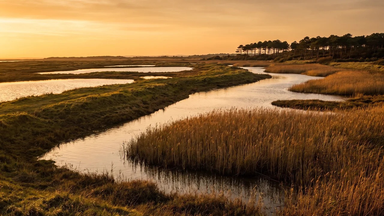 Reserva de praderas salinas cerca de Arès, canales y lagunas que reflejan la luz entre diques cubiertos de hierba y cañaverales