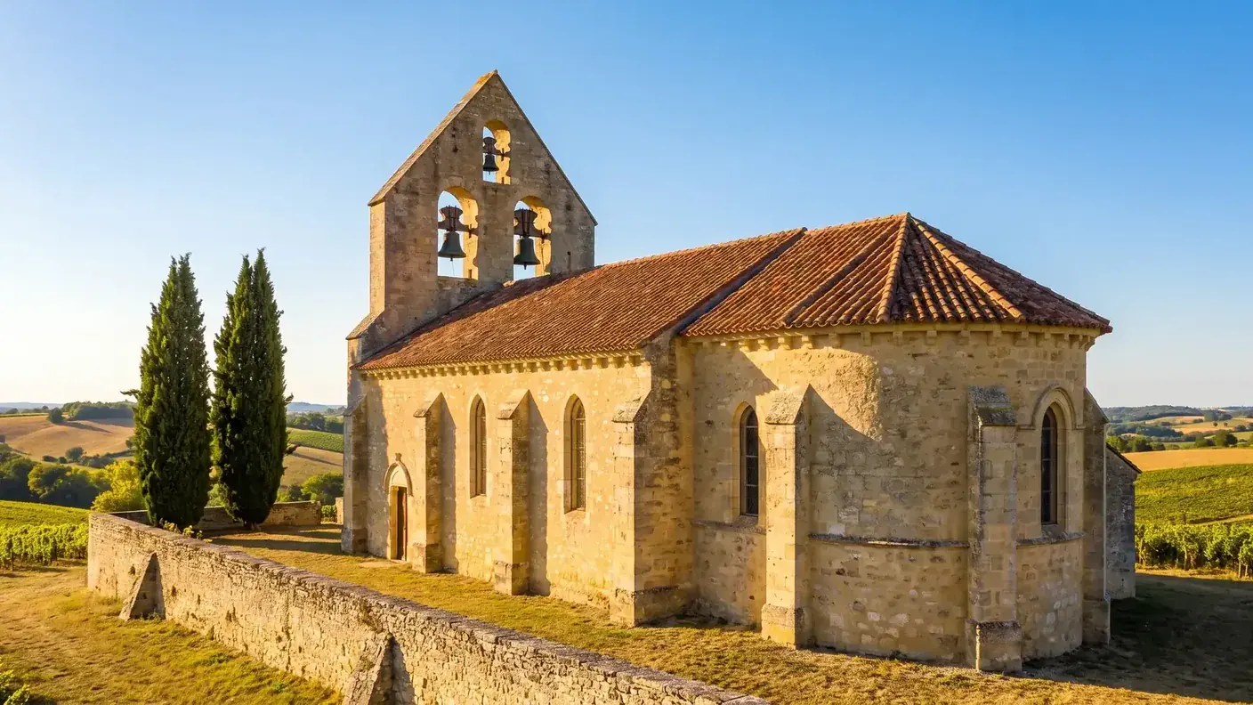 Iglesia de Nuestra Señora de Armillac y su campanario adosado de tres vanos