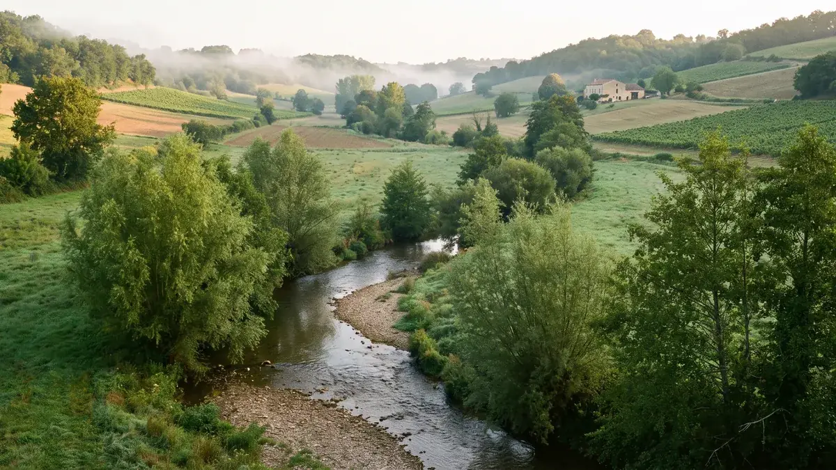 El valle del Dropt, cerca de Armillac: arroyo, praderas y laderas boscosas