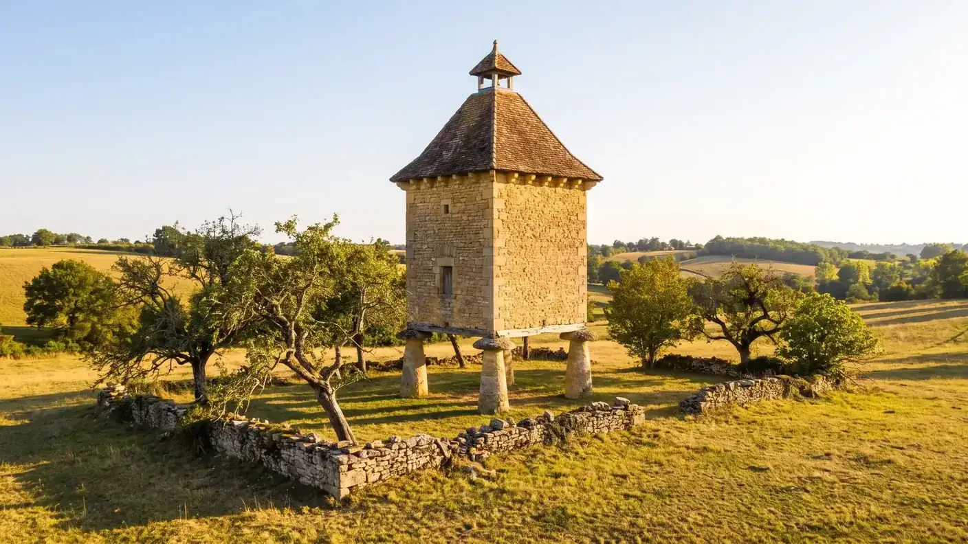Palomar de piedra sobre pilares en un prado de Lot-et-Garonne