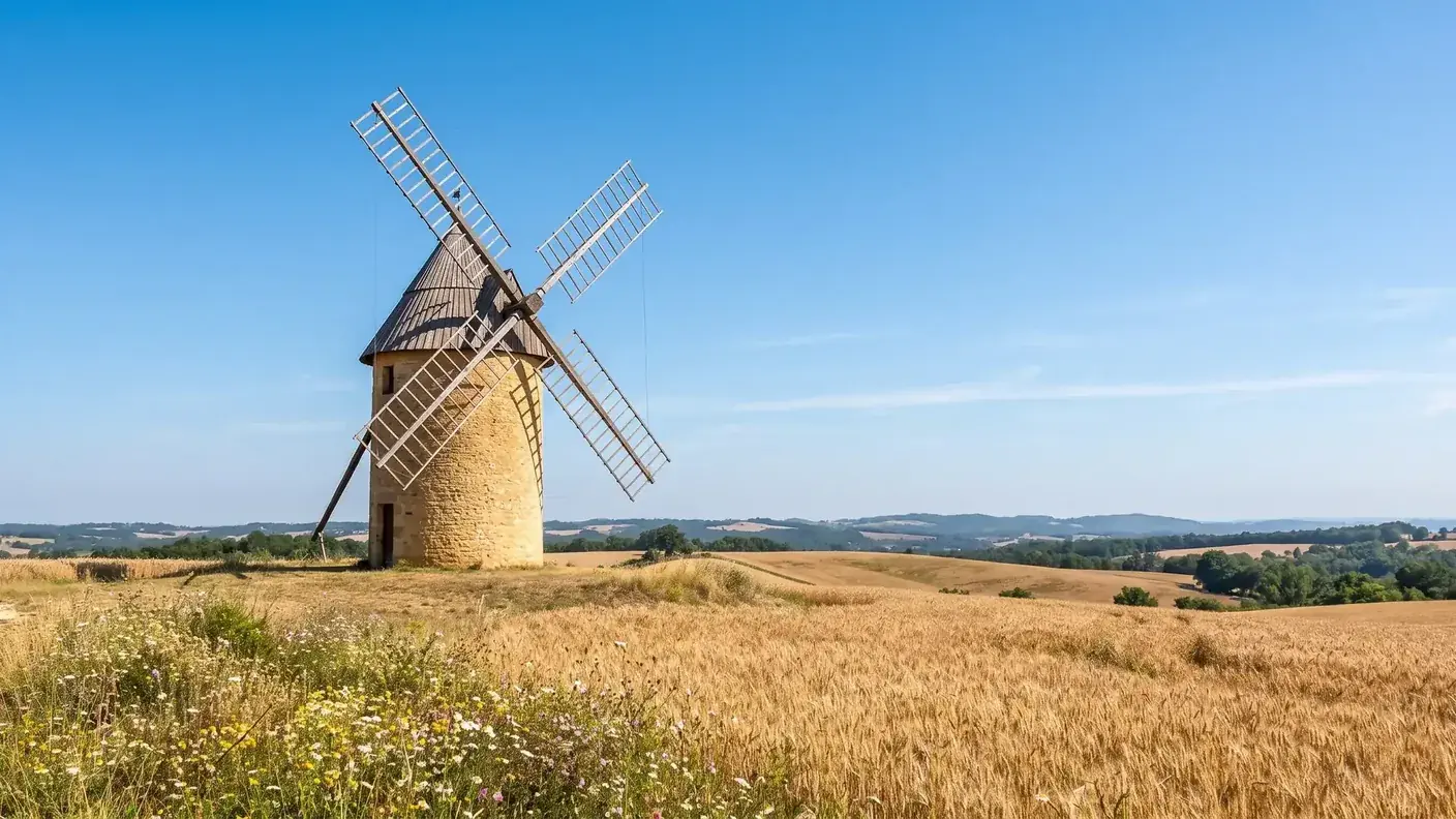 Molino de viento de piedra en la campiña de Lot-et-Garonne