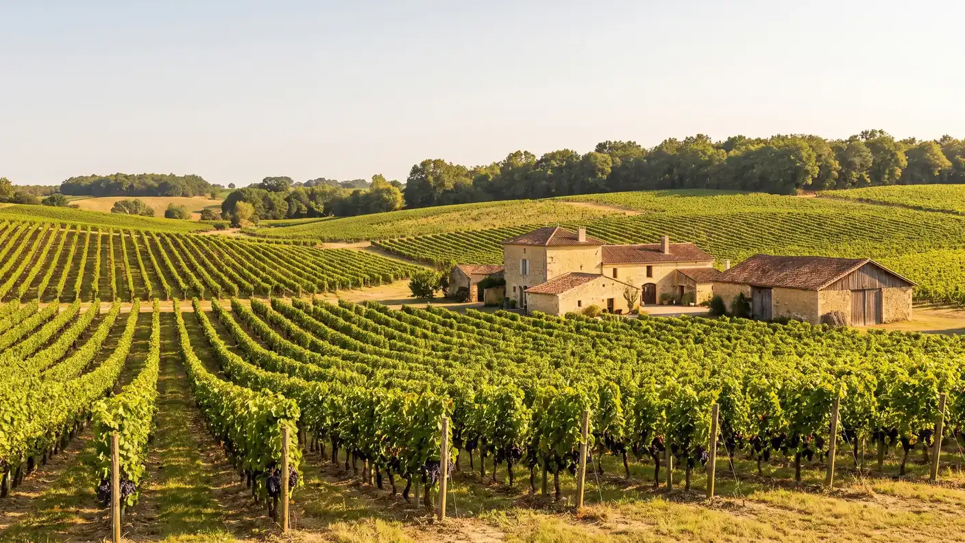 El viñedo de las Côtes de Duras, situado en las colinas de Guyenne, cerca de Armillac (Lot-et-Garonne) — destino del traslado privado Burdeos → Armillac