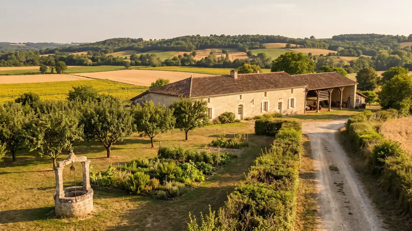 Casa de campo de piedra, huerto y campos en la campiña de Lot-et-Garonne