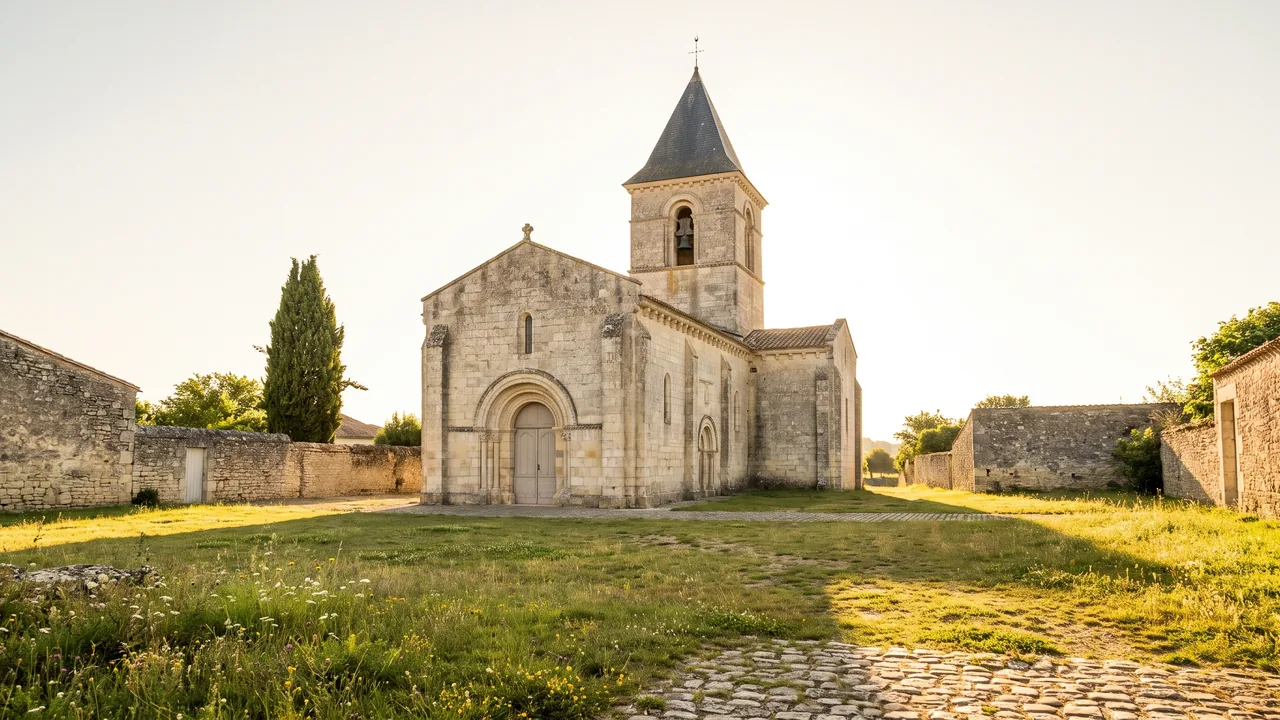 Iglesia románica construida en piedra clara de Saintonge, con campanario central con tejado piramidal de pizarra y portal de arco de medio punto