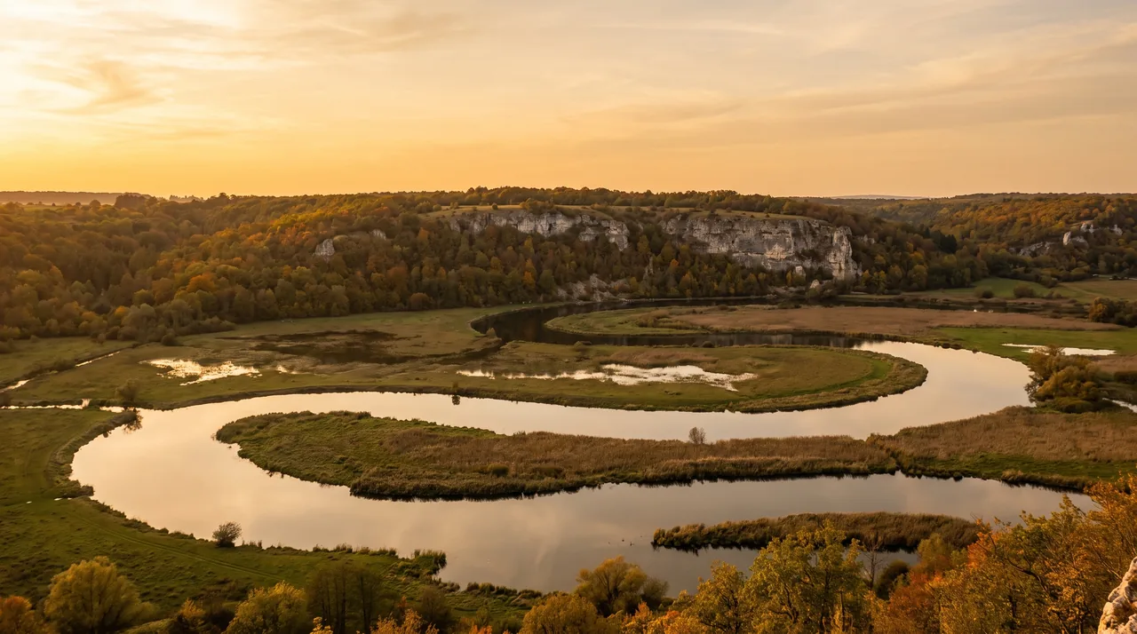 Amplio meandro del río Dordoña al atardecer, bajo una meseta boscosa cerca de Asques, con aguas tranquilas y orillas cubiertas de juncos