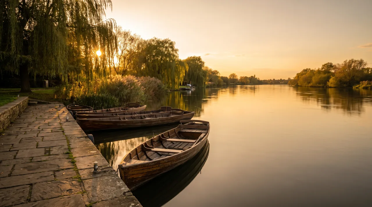 Tranquila parada fluvial en la apacible Dordoña al atardecer en Asques, con un muelle de piedra y barcas de madera amarradas
