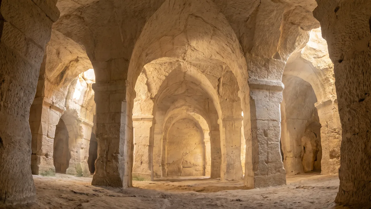 Interior de la iglesia monolítica de San Juan de Aubeterre, una amplia sala excavada en la roca con pilares y bóveda