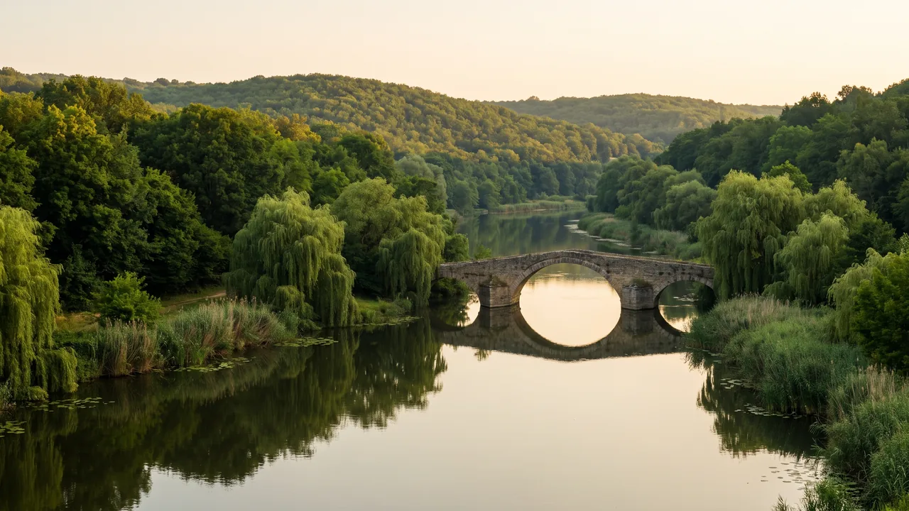La Dronne, a las faldas de Aubeterre, un río verde y tranquilo bordeado de sauces y juncos, con un pequeño puente de piedra y una luz suave
