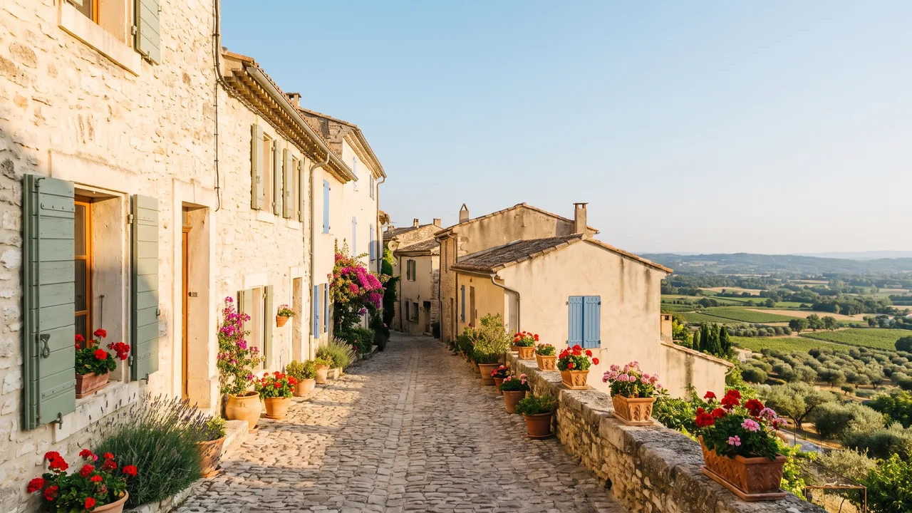 Callejuela empedrada de Aubeterre, flanqueada por casas de piedra clara con contraventanas de madera y macetas con flores, desierta