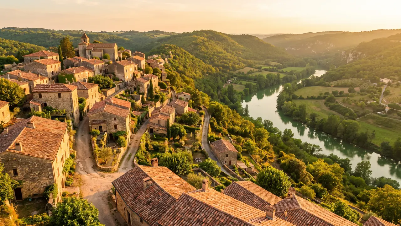 Panorama de los tejados de tejas de Aubeterre-sur-Dronne que descienden hacia el verde valle del Dronne, con colinas boscosas en la lejanía