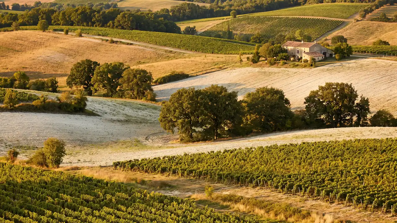 Campiña ondulada en los límites de Charente y Périgord, cerca de Aubeterre, con viñedos, campos abiertos y bosquecillos