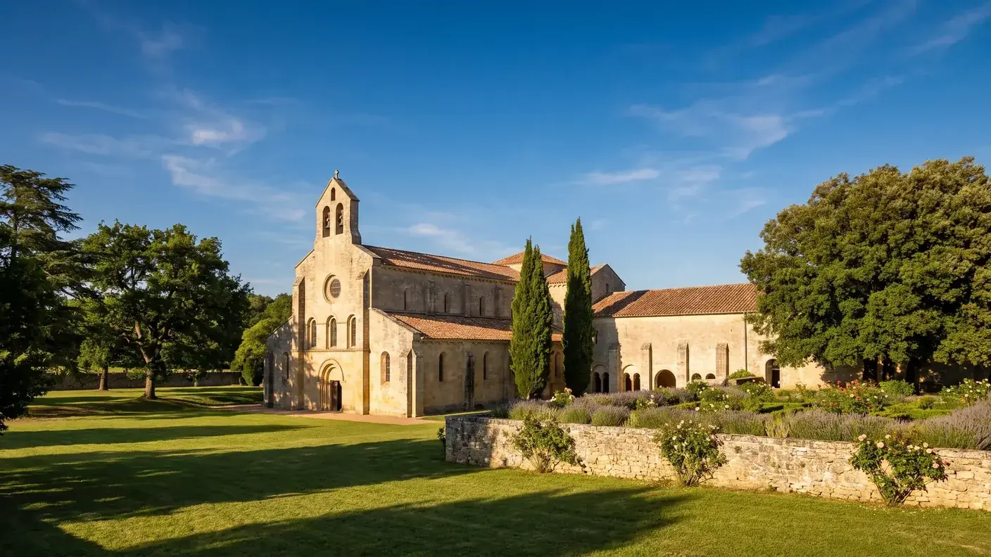 Una sobria abadía cisterciense de piedra caliza en Gironda, con iglesia abacial provista de campanario empotrado y ventanas de arco de medio punto