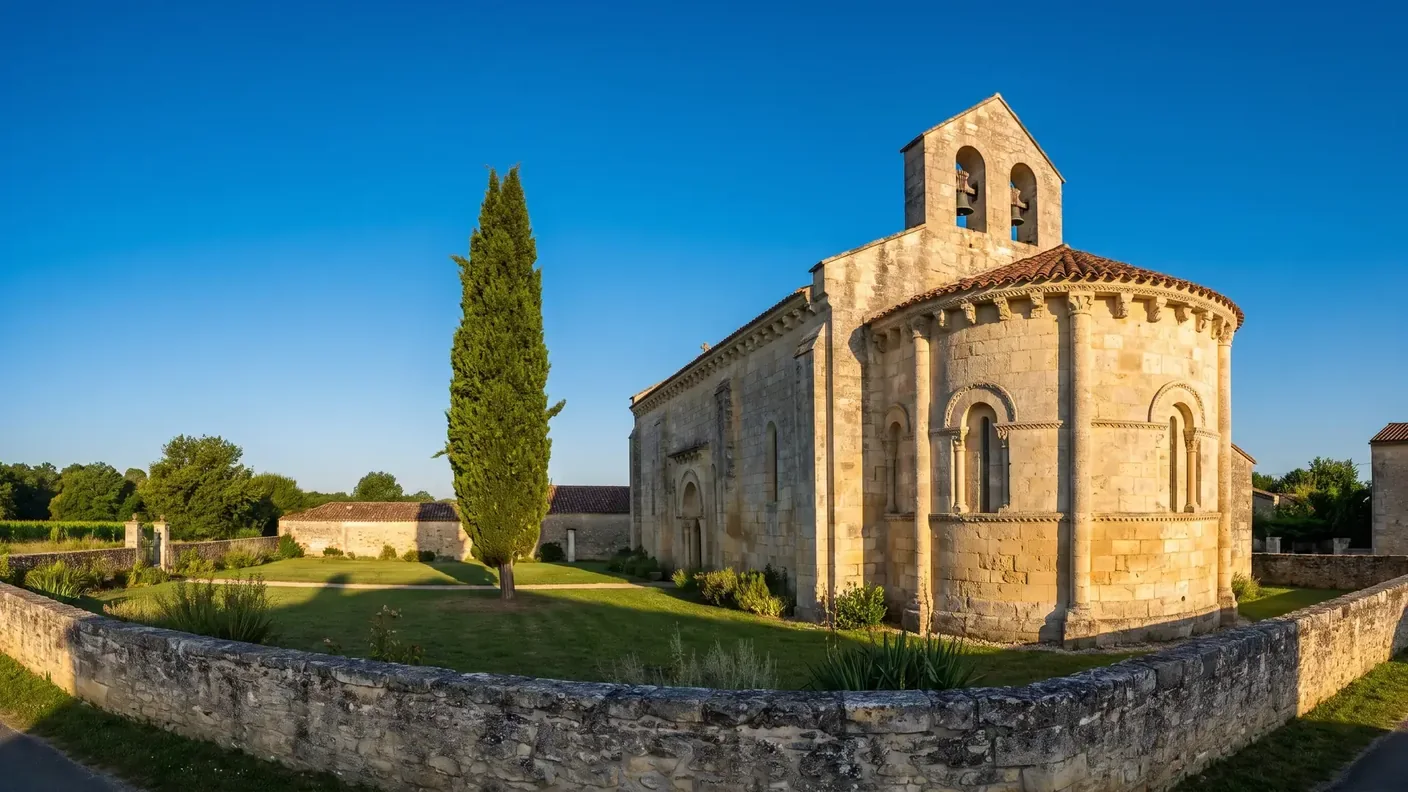 Una pequeña iglesia románica de los siglos XI y XII, construida en piedra de color miel, situada en Gironda, con cabecera redondeada y campanario adosado