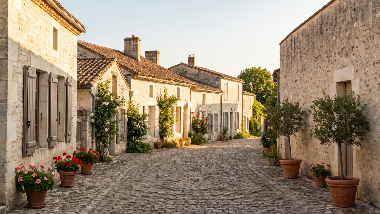 Callejuela tranquila de una aldea de piedra en Baigneaux, casas luminosas con contraventanas y tejados de tejas, sin coches ni transeúntes