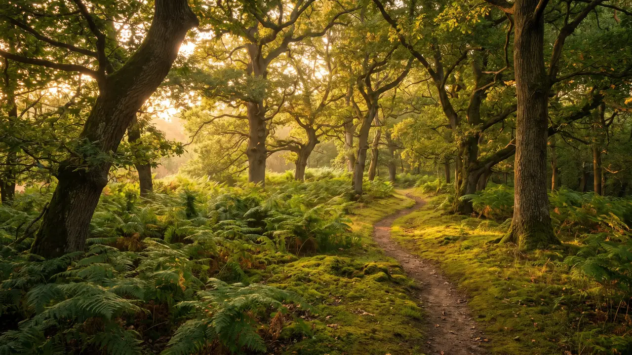 Bosques de robles y castaños cerca de Baigneaux, bañados por una luz cálida, con un tapiz de helechos y un sendero entre los troncos