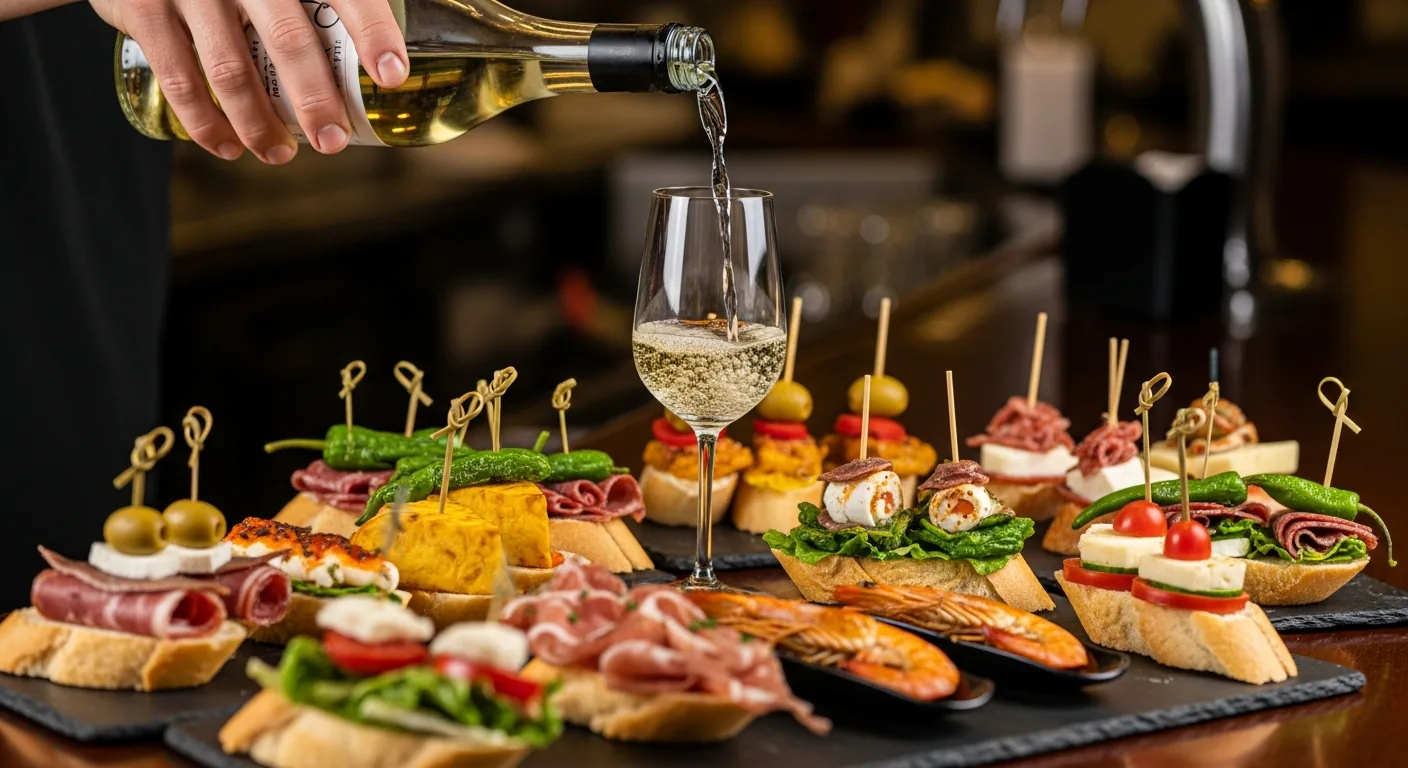 Pintxos vascos en la barra de un bar de Bayona, acompañados de una copa de txakoli servida desde lo alto