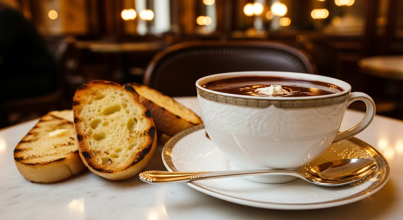 Chocolate caliente al estilo de Bayona en una taza honda con rebanadas de pan tostado untadas con mantequilla, salón Cazenave 1854