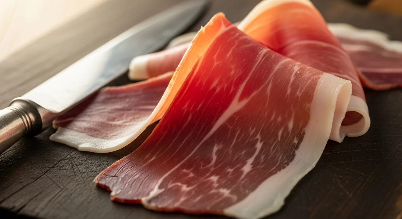 Jamón de Bayona IGP cortado a mano, tabla de madera, escudo de Lauburu visible, guarnición del suroeste
