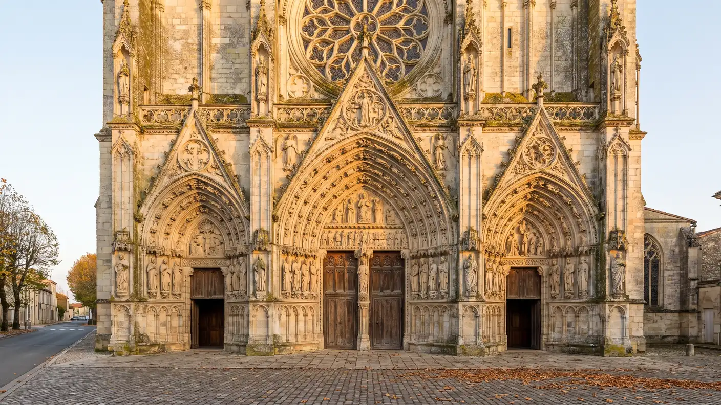 Un primer plano de los tres portales góticos esculpidos en piedra dorada de la fachada de una catedral medieval, en Gironda
