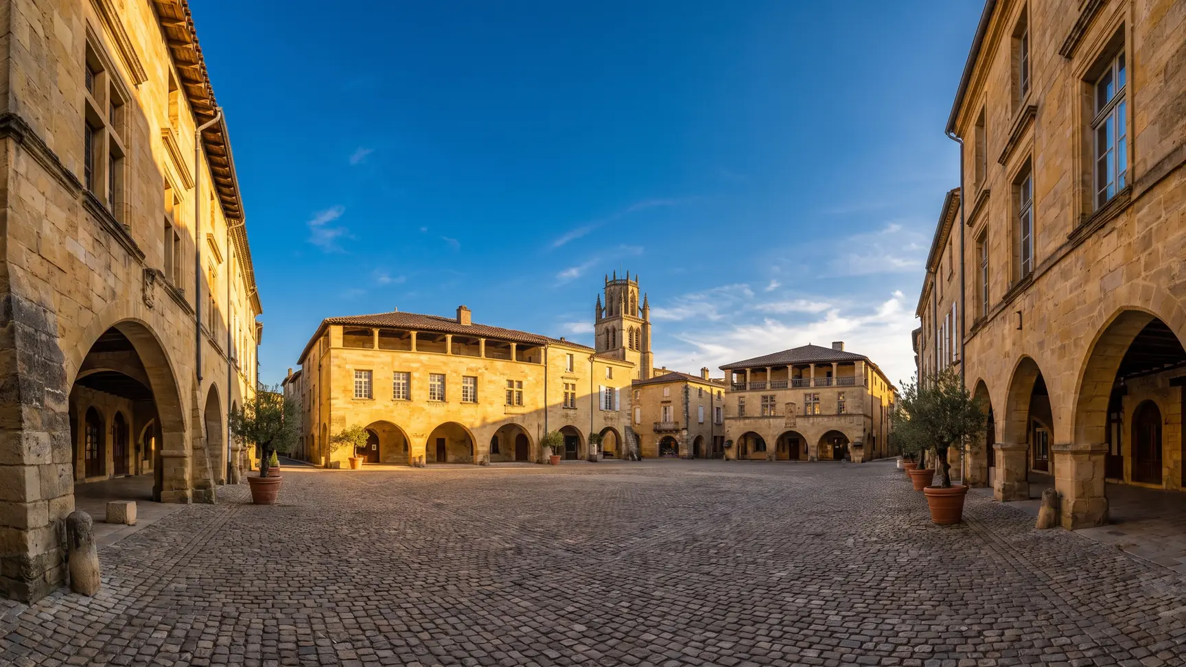 Una plaza medieval rodeada de arcadas de piedra y casas antiguas en Bazas, con la torre de la catedral al fondo
