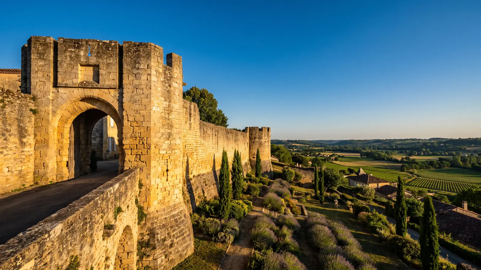 Una antigua puerta medieval de piedra y un fragmento de las murallas de la ciudad episcopal de Bazas, en Gironda