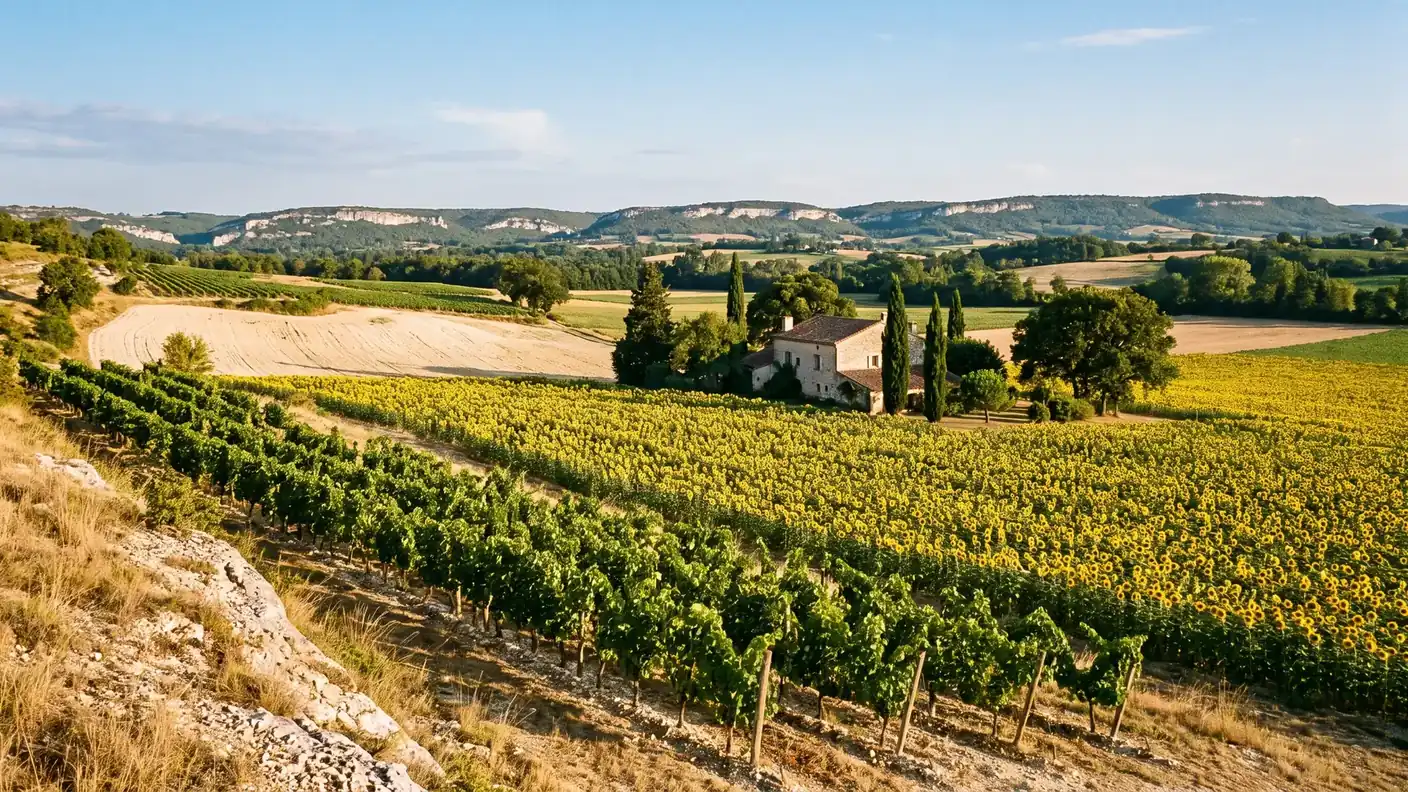 Vineyards and sunflowers in Quercy Blanc near Saint-Beauzeil — destination of the private transfer from Bordeaux to Saint-Beauzeil