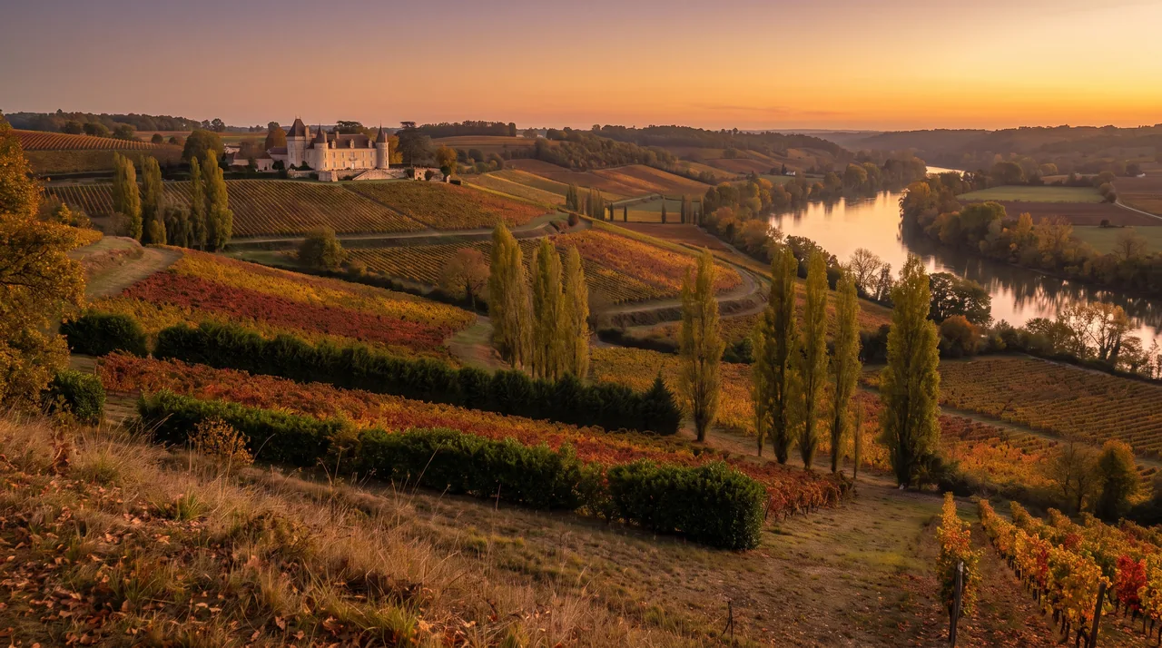 Campiña ondulada sobre el Garona, cerca de Béguey, al atardecer, con viñedos y hileras de álamos