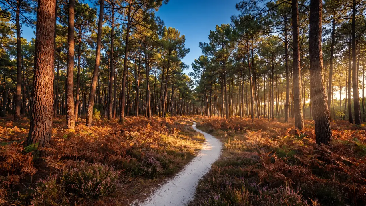 Un inmenso bosque de pinos marítimos que se alzan sobre helechos y brezos, un estrecho sendero de arena clara que se abre paso entre los troncos
