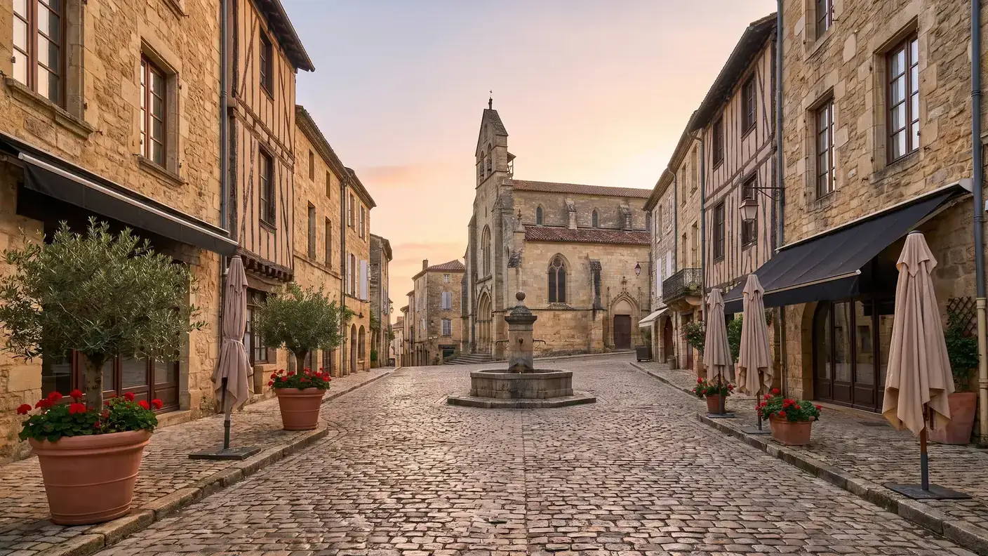 Plaza Pélissière en Bergerac a primera hora de la mañana: fuente de piedra, casas con entramado de madera y campanario de la iglesia de Saint-Jacques