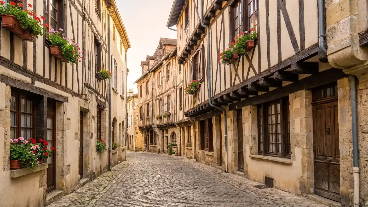 Callejuela del casco antiguo de Bergerac, flanqueada por casas con entramado de madera, vigas de roble y voladizos, y geranios en las ventanas