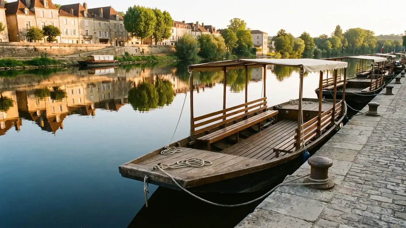 Barcas de madera amarradas en el muelle de Salvette, en Bergerac; bancos bajo una lona; reflejos del atardecer en el río Dordoña
