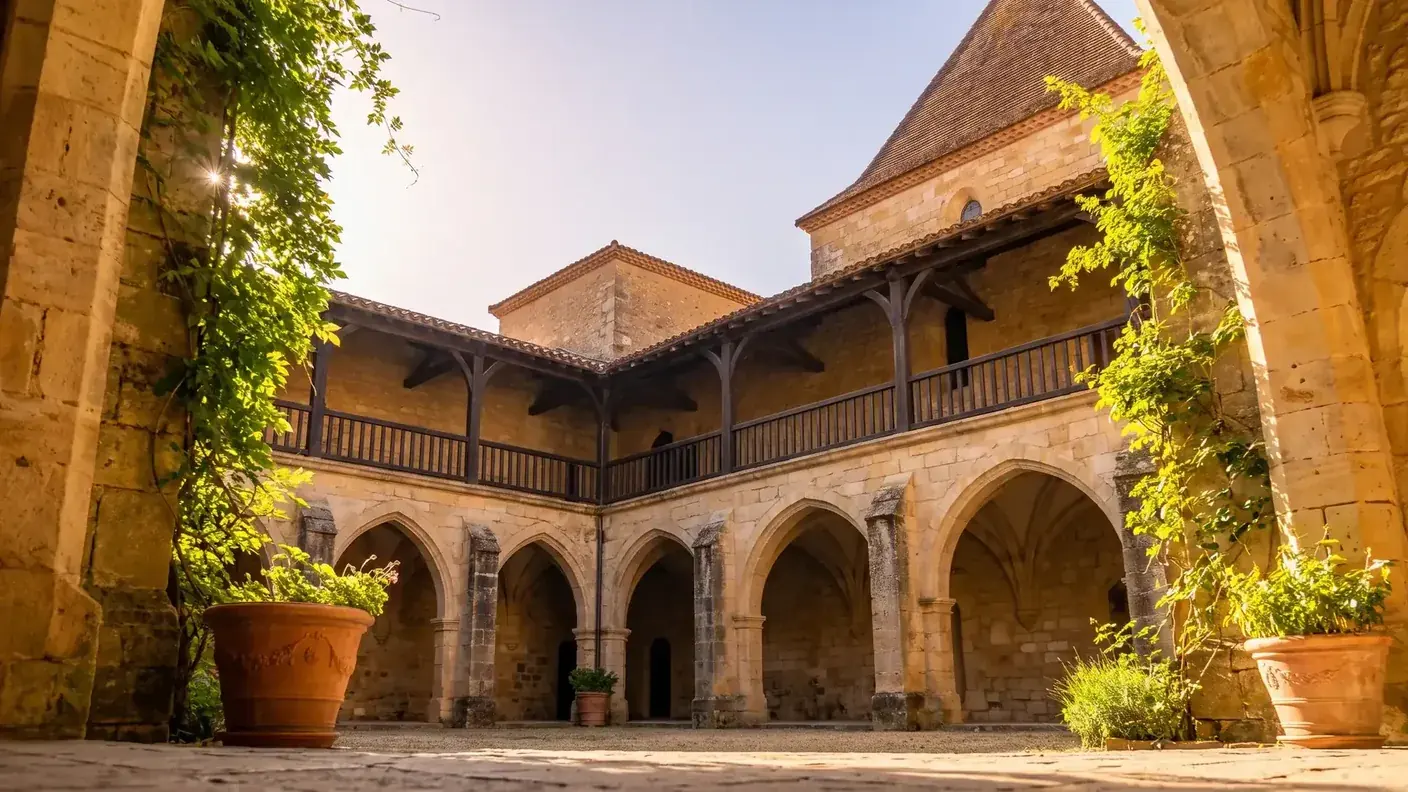 Claustro de los Récollets en Bergerac, galería de madera sobre arcadas de piedra que rodea el patio interior, bañado por la luz