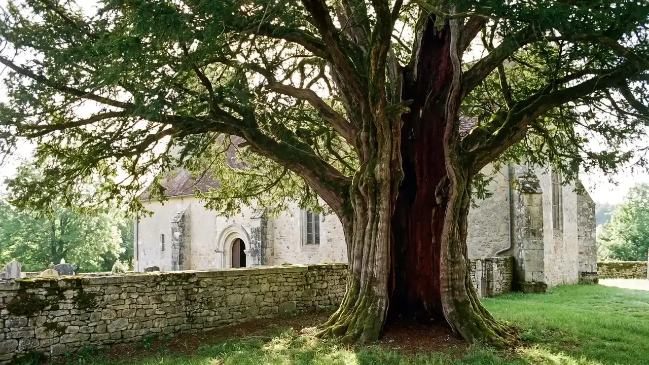 El tejo milenario de Bertric-Burée, con su enorme tronco hueco y estriado de madera de color rojo oscuro cubierto de musgo, junto a un antiguo muro de piedra y una iglesia