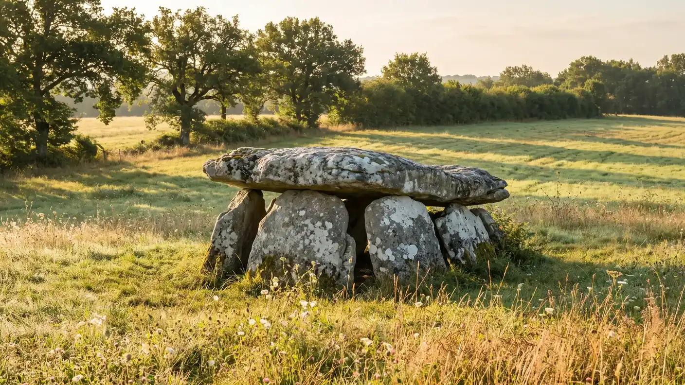 Dolmen de Peyrelevade, en Paussac-et-Saint-Vivien, mesa megalítica neolítica con una amplia losa de cobertura sobre pilares de piedra cubiertos de líquenes, en una pradera llena de flores